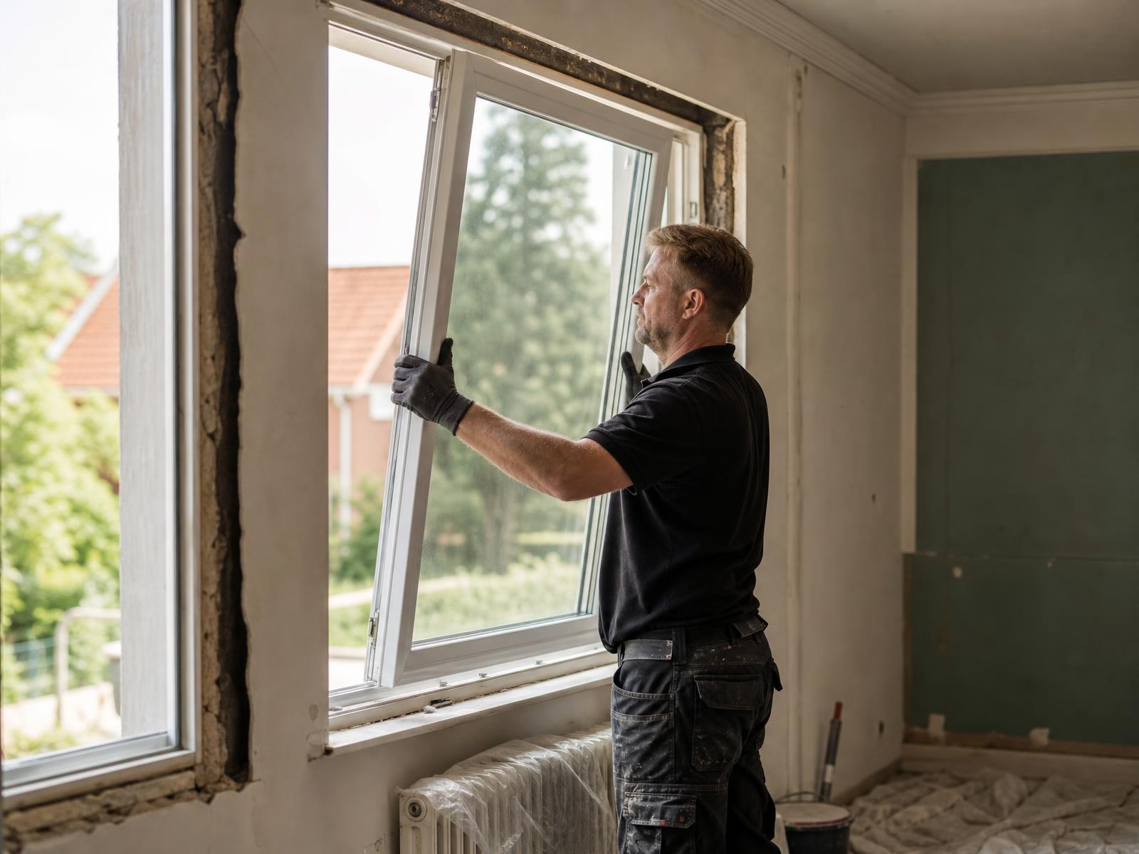 Dennis Korba beim Einsetzen eines neuen Fensters in einem hellen Altbauraum